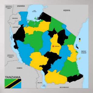 Poster Drapeau de la carte politique du pays de Tanzanie