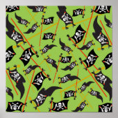 Poster Drapeau de pirate vert noir Crânes Os blancs pilla (Devant)