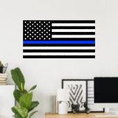 Poster Drapeau de police de la ligne bleue mince (Bureau à domicile)