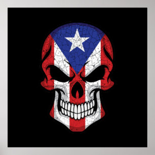 Poster Drapeau de Porto Rico à crâne souriant