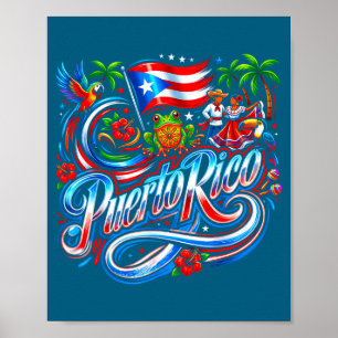 Poster drapeau de Porto Rico grenouille florale boricua h