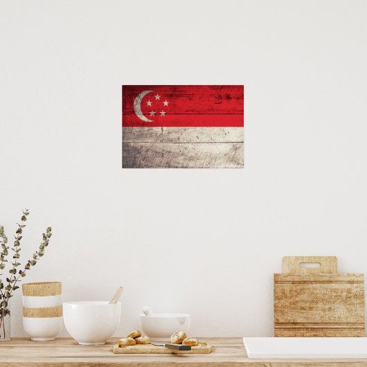 Poster Drapeau de Singapour en bois ancien (Cuisine)
