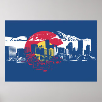 Poster Drapeau du Colorado avec Denver Skyline et Rockies