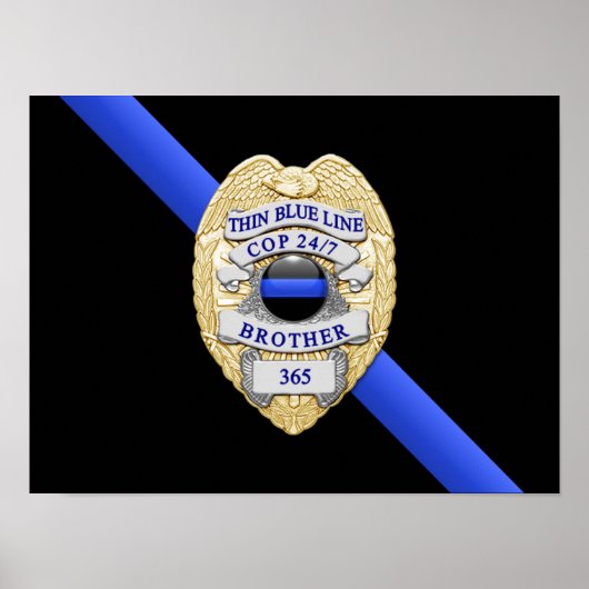 Poster Drapeau et badge de la fine ligne bleue (Devant)