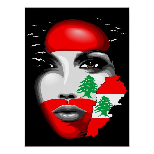 Poster Drapeau et carte du Liban sur le visage de la fill (Devant)