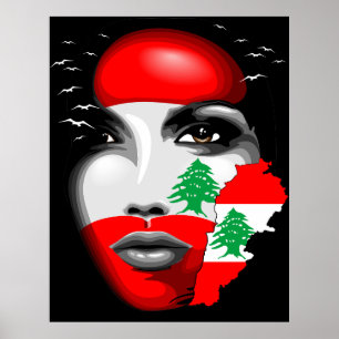 Poster Drapeau et carte du Liban sur le visage de la fill