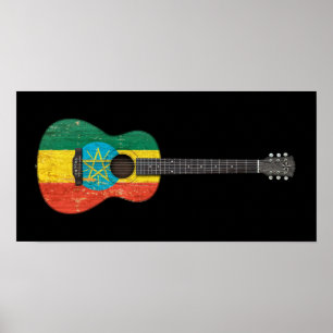 Poster Drapeau éthiopien usé Guitare acoustique, noir