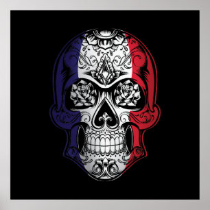 Poster Drapeau France Crâne Et Rose