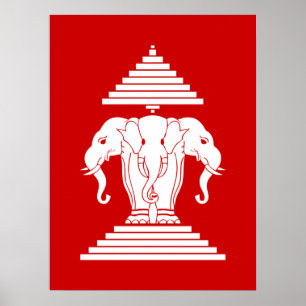 Poster Drapeau Lao / Laos Éléphant à Trois Têtes Erawan