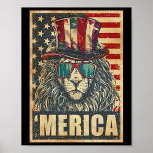 Poster Drapeau Lion Merica Amérique Vintage 4 juillet