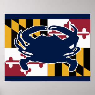 Poster Drapeau Maryland/affiche de crabe - bleu marine