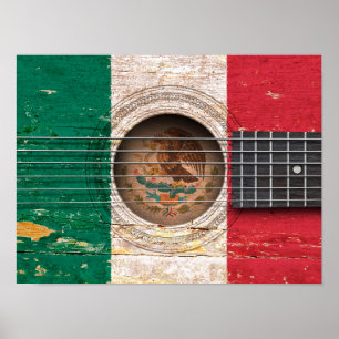 Poster Drapeau mexicain sur la vieille guitare acoustique