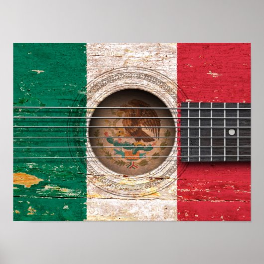 Poster Drapeau mexicain sur la vieille guitare acoustique (Devant)