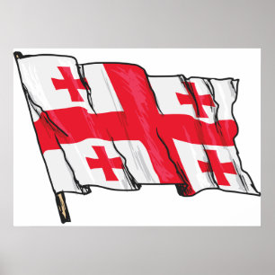 Poster Drapeau ondulant de Géorgie rouge et blanc à cinq
