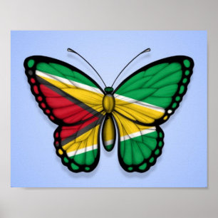 Poster Drapeau papillon Guyana sur bleu