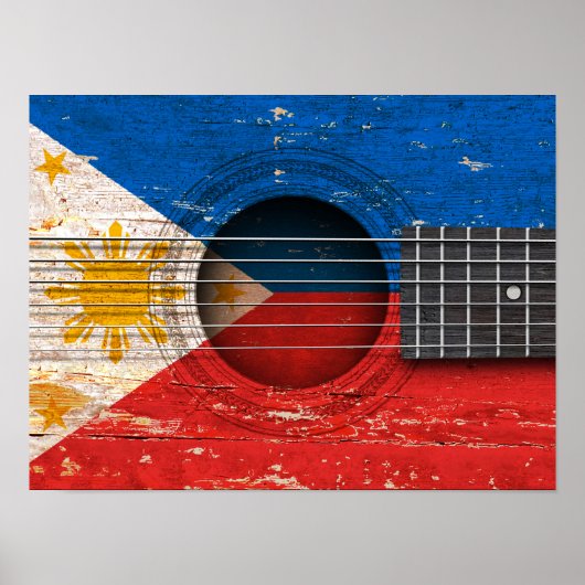 Poster Drapeau philippin sur la vieille guitare acoustiqu (Devant)