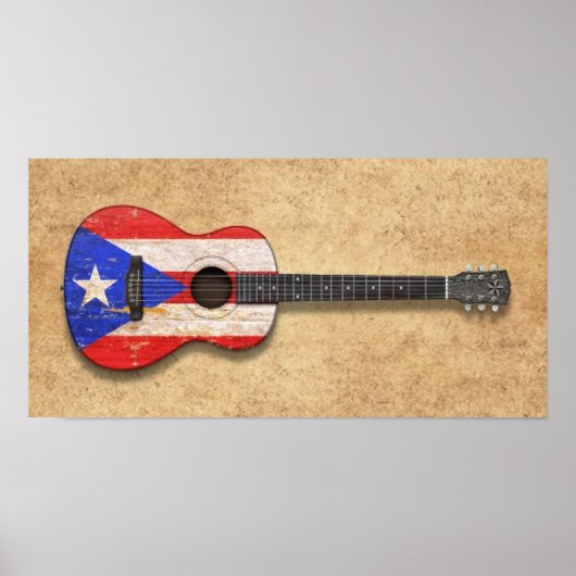 Poster Drapeau Porto Rico usé Guitare acoustique (Devant)