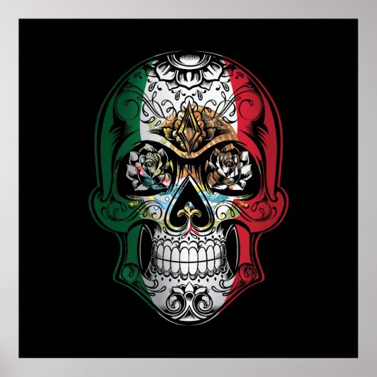 Poster Drapeau Rose et crâne mexicain (Devant)