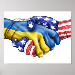 Poster Drapeau ukrainien et drapeau américain poignée de 