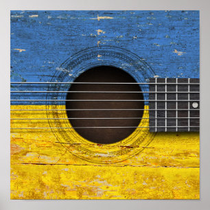 Poster Drapeau ukrainien sur la vieille guitare acoustiqu