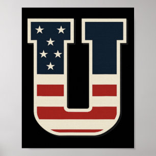 Poster Drapeau Usa Lettre U Étoiles Rayures Trio Frie Cor