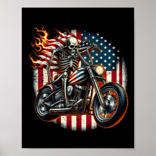 Poster Drapeau Usa Motocyclette Biker Squelette 4 Juillet