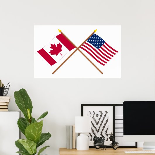 Poster Drapeaux croisés Canada et États-Unis (Bureau à domicile)