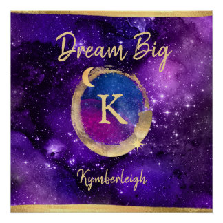 Poster Dream Big Watercolor Galaxy Gold Monogramme Nom