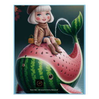 Poster Dream Ride – Cute Girl on Watermelon Whale Fantasy