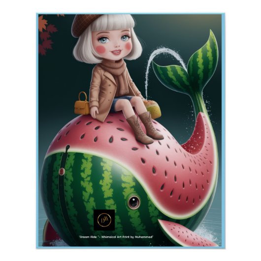 Poster Dream Ride – Cute Girl on Watermelon Whale Fantasy (Devant)