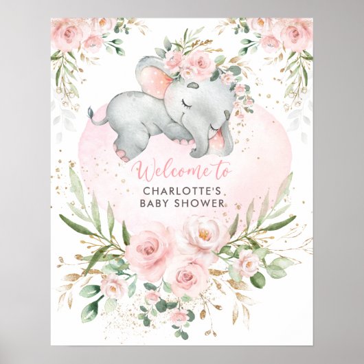 Poster Dreamy Elephant Rose Blush Floral Baby Welcome (Devant)