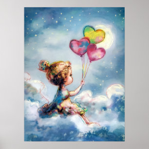 Poster Dreamy Night Sky - Fille Whimsical avec ballons