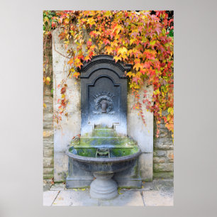 Poster Drinking fountain in fall, Hungary