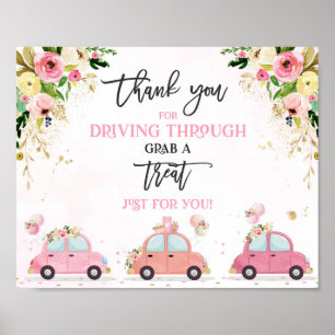 Poster Drive By Baby Shower Treat Favor Sign Pink Floral