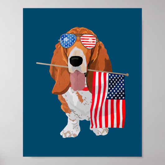 Poster Drôle Basset Hound Drapeau américain 4 juillet (Devant)