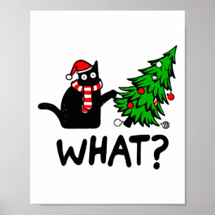 Poster Drôle cadeau de chat noir Poussant l'arbre de Noël