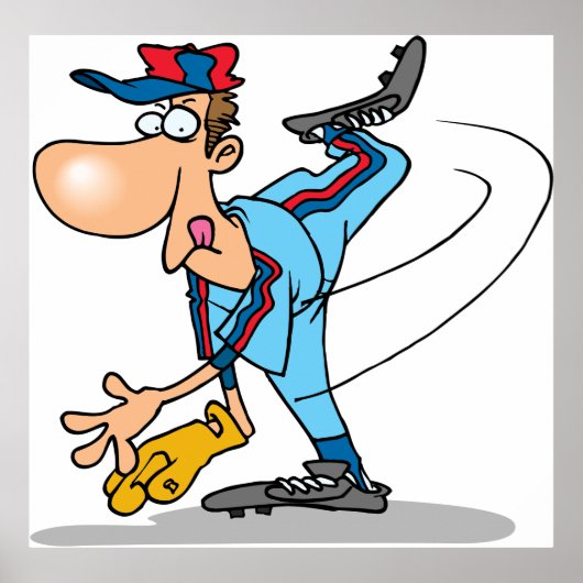 Poster Drôle Caricature de baseball lanceur d'une balle r (Devant)