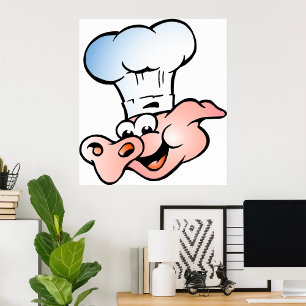 Poster Drôle Cartoon Cochon Chef avec Casquette