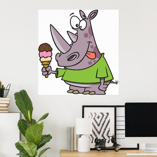Poster Drôle Cartoon Rhino Manger de la crème glacée mign