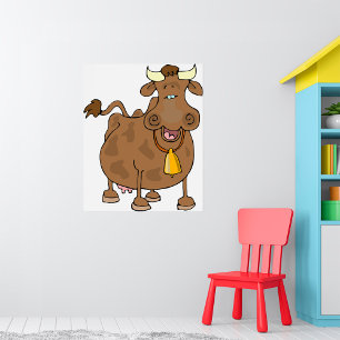Poster Drôle Cartoon Vache Brown avec Bell Animal de ferm