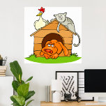 Poster Drôle chat de chien caricaturé et poulet sur la ni<br><div class="desc">Ajoutez une touche d'humour et de charme à votre espace grâce à cette illustration amusante et ludique représentant un chien grincheux qui s'attarde dans une niche tandis qu'un chat espiègle et une perche de poulet confiante au-dessus. Ce design enchanteur capte l'essence de l'amitié et du plaisir de la ferme, en...</div>