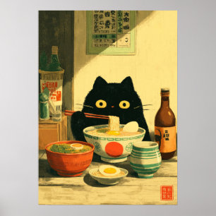 Poster Drôle chat noir manger Ramen