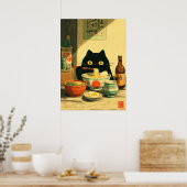 Poster Drôle chat noir manger Ramen (Cuisine)