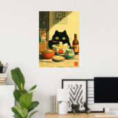 Poster Drôle chat noir manger Ramen (Bureau à domicile)