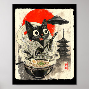 Poster Drôle Chat Noir Ramen Alien Ufo Enlèvement Japonai