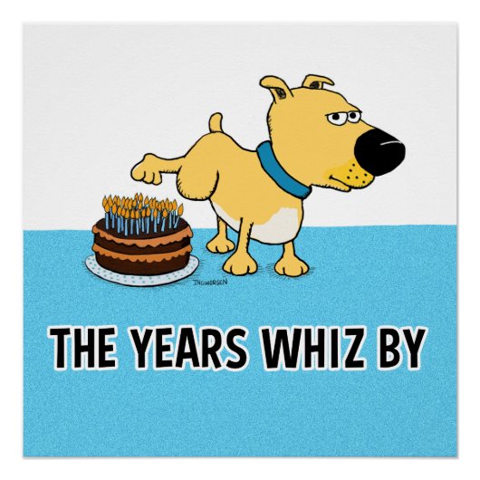Poster Drôle Chien Peeing sur le gâteau d'anniversaire (Devant)
