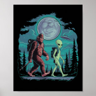 Poster Drôle d'alien et Bigfoot en randonnée Lune Sasquat