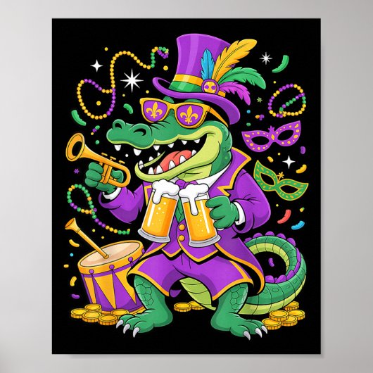 Poster Drôle d'alligator de Mardi Gras buvant des perles  (Devant)