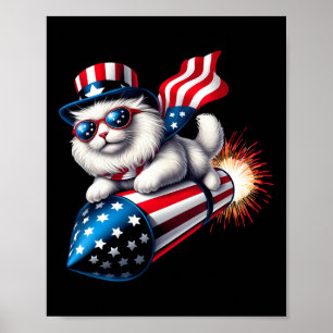 Poster Drôle de 4 juillet Patriotique Chat Fusée Avec Feu