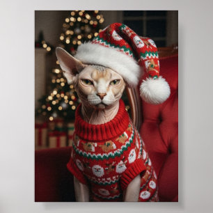 Poster Drôle de chat Sphynx Santa Noël en pull